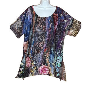 Multicolor Patterned Scoop Neck Tunic Top Size XL Short Sleeve Bohemian Style
